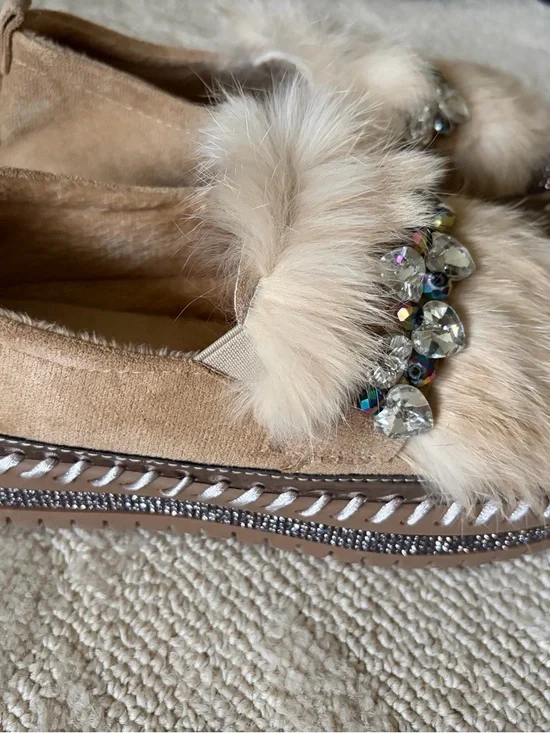 Faux Fur Slip-Ons with Crystal Trim - Beige. Never worn - Picture 2 of 2